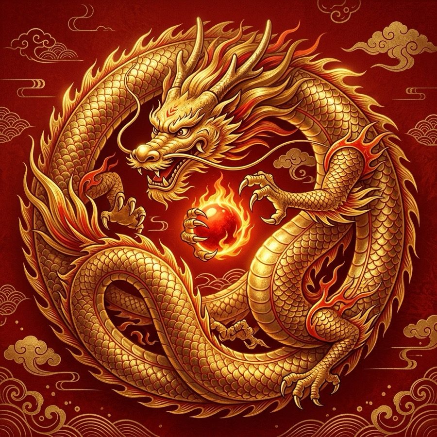 新年金龙 — Chinese New Year auspicious gold dragon coiled around the flaming pearl